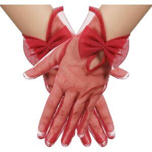 Women's Bow Burgundy Evening Tulle Short Length Gloves Wrist Tea Party Prom